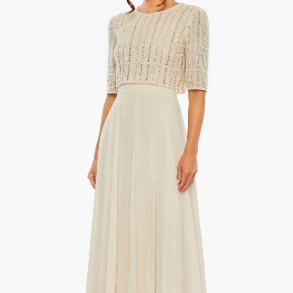 Mac Duggal- Fully Beaded 3/4 Sleeves Top Chiffon Gown